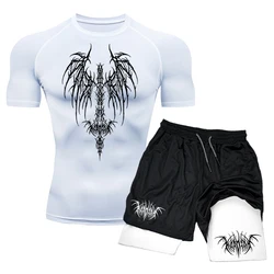 Nieuwe Compressie T-Shirt Gym Fitness Sport Hardlopen Snel Droog Shirt Heren Rashgard Korte Mouw Tops Tee + Dubbellaagse Shorts Set