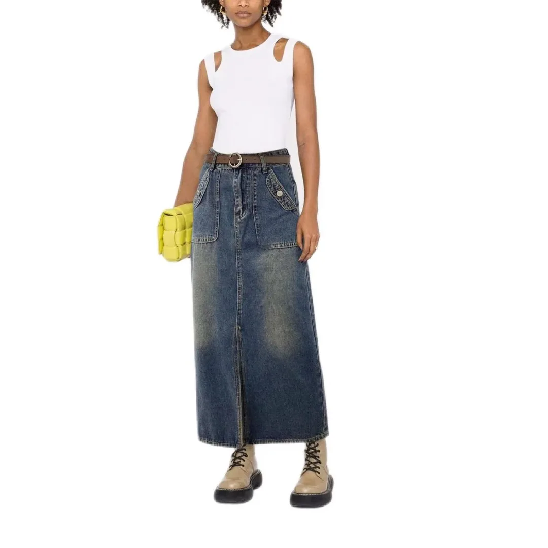 

GGHK Big Split Tencel Denim Half Skirt Fashion Loose Retro Korean Version of The Long Skirt 2023 Women's New Clothing A01345