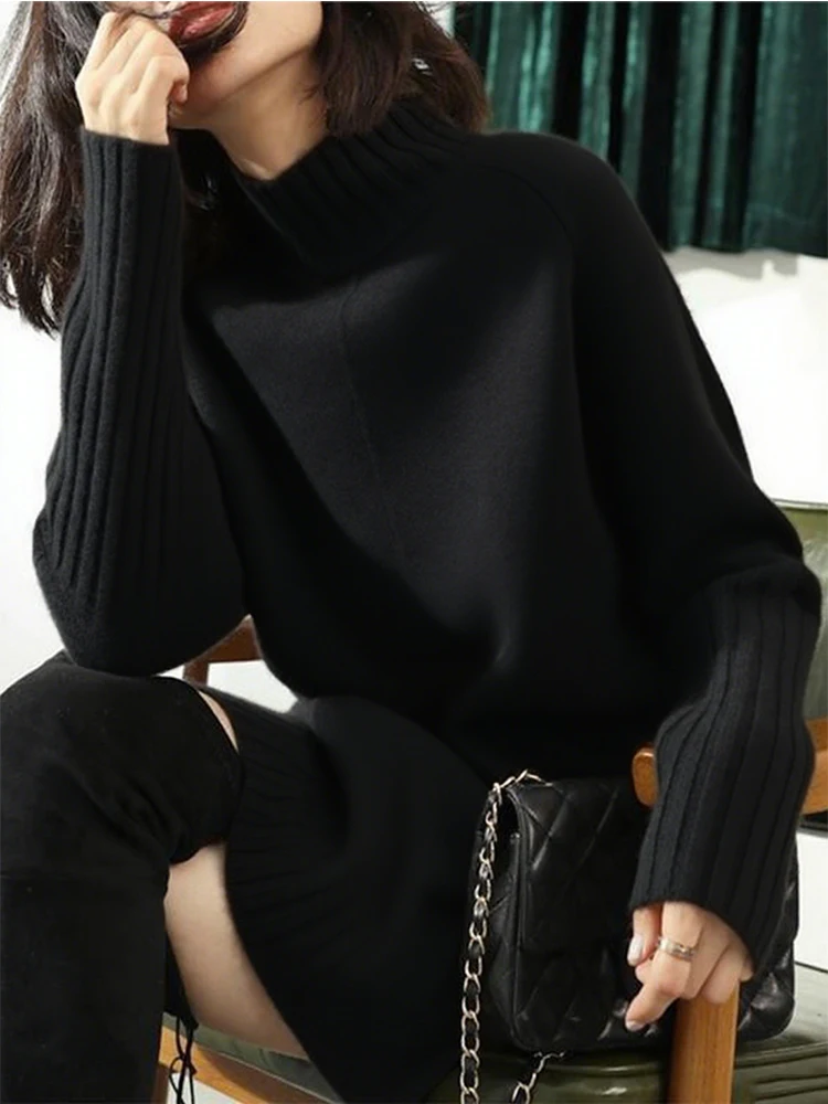 Vestido negro a la moda para mujer, informal, holgado, de manga larga, Color contrastante, medio cuello alto, elegante, suéter para mujer
