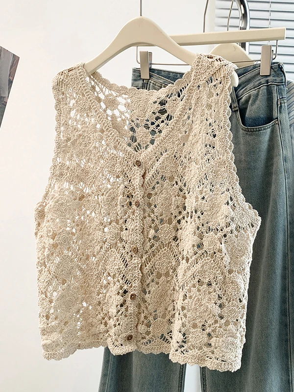 Bohemian Style Hooked Flower Hollow Knitted Vest Outerwear Women's plus Size Fall New Arrival Layering Tank Top