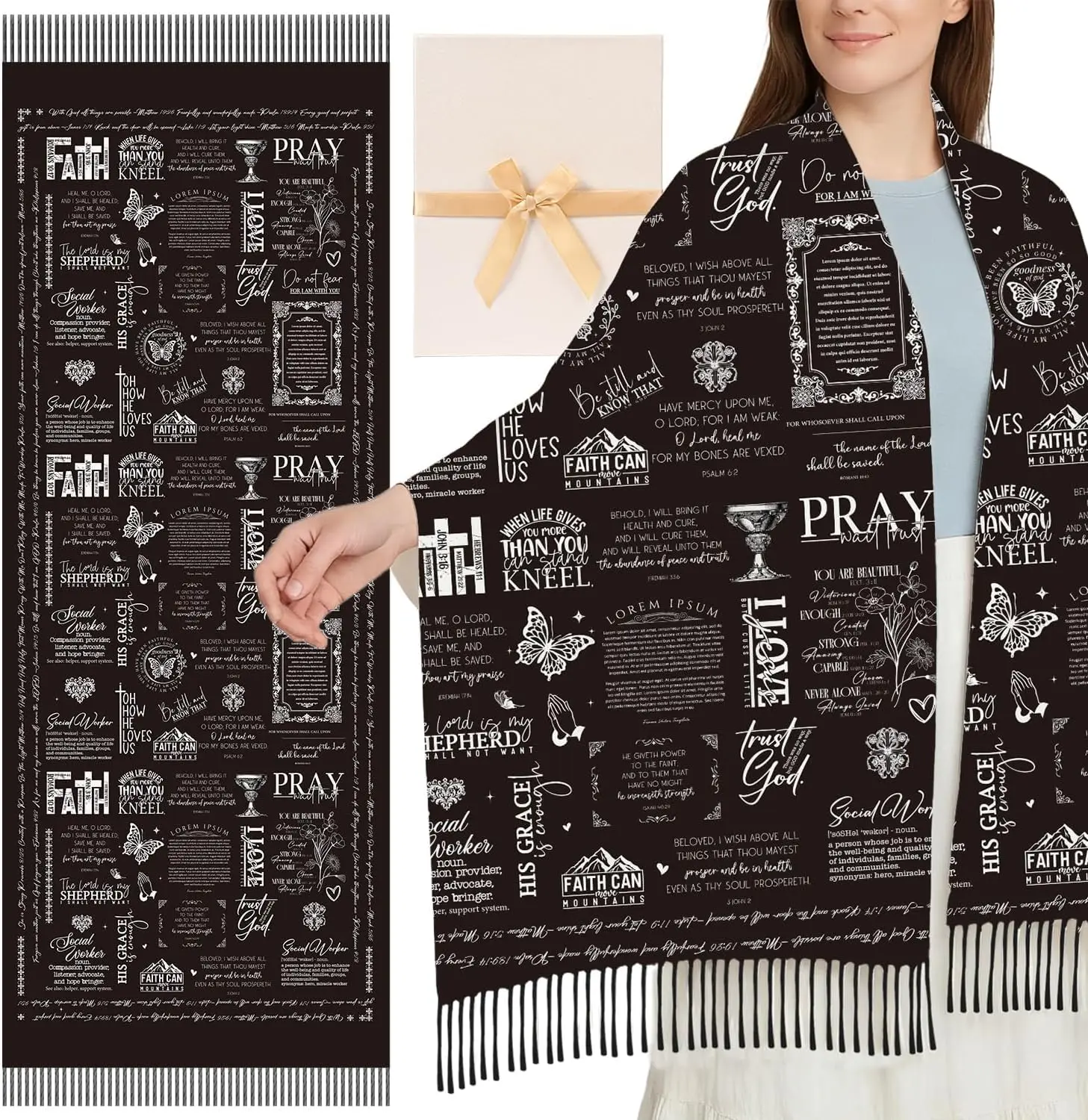 Black Shawls for Prayer Scarf Gifts with Box for Mom Teacher Birthday Gift for Mother Mothers Day Gift One Size