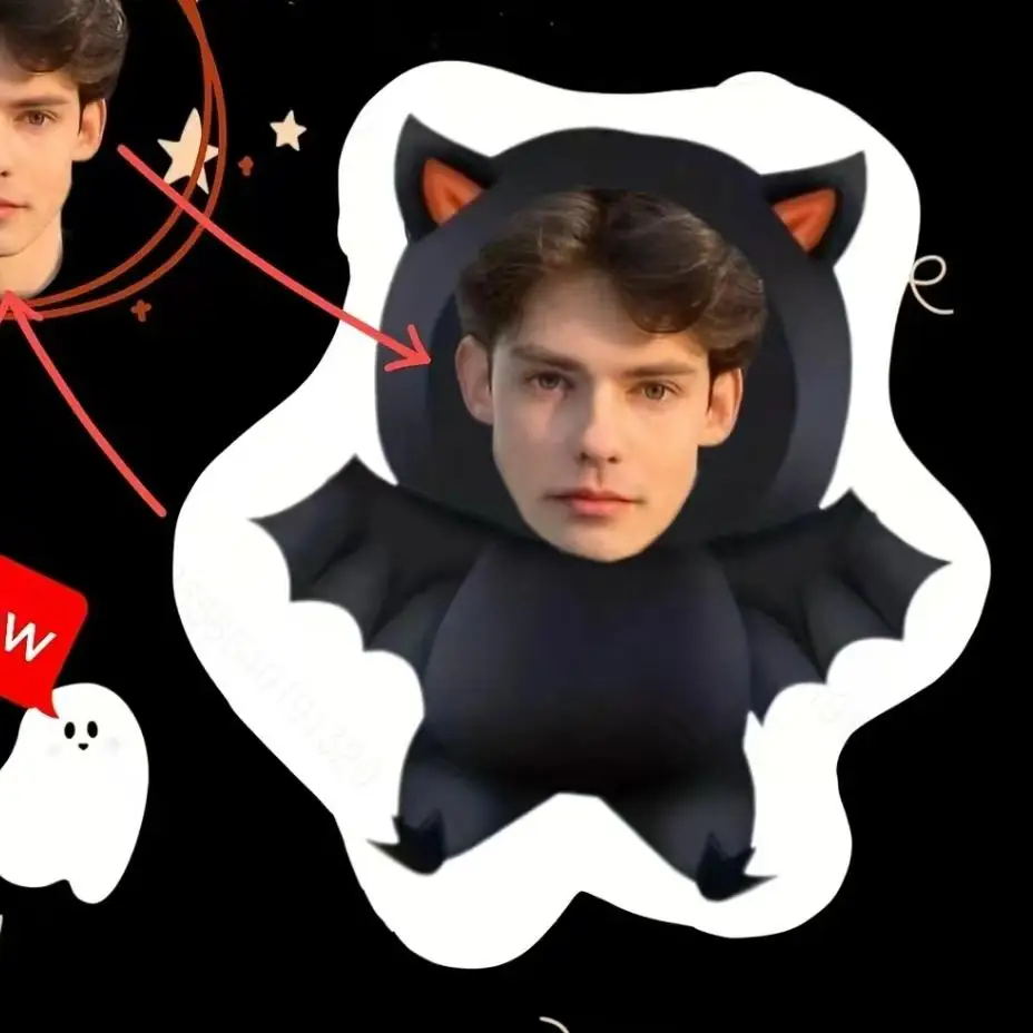 

Halloween Bat Pillow, design your own personalized character pillow with interchangeable faces, perfect for souvenirs or fun