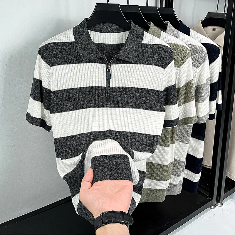 100% Lyocell Wide Stripes Knit Polos 2026 Spring Summer Trendy Zipper Knitwear Short Sleeve Breathable Knitting Tops Pullover