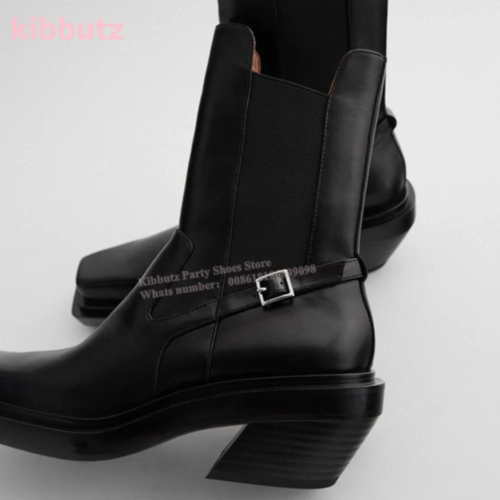 Chelsea Ankle Boots Smoking Cylinder Genuine Leather Square Toe Chunky Heel Cowboy Style High Heeled Hundred British Style New