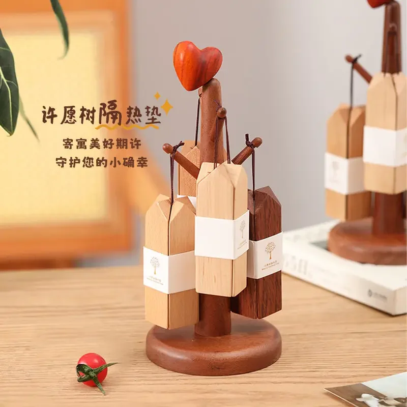 Nordic style solid wood wishing tree, desktop heat insulation pad wooden plate, pot pad solid wood placemat, can store pot mat
