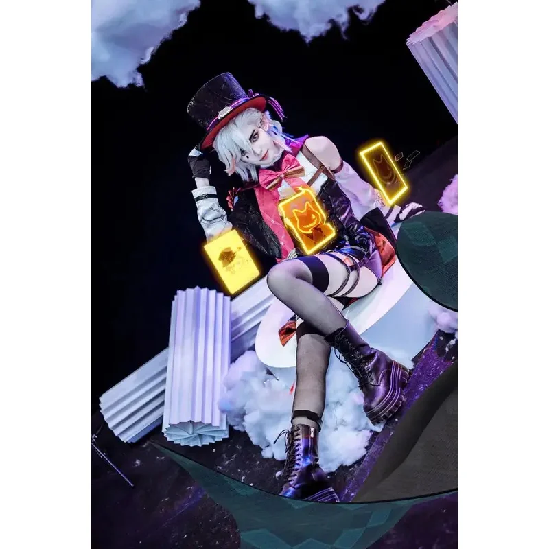 

CyGenshin Impact Lyney Cosplay Full Set: Magician Leather Uniform, Wig, Hat, Dress, Skirt, Gloves & Tail Outfit Premium Quality