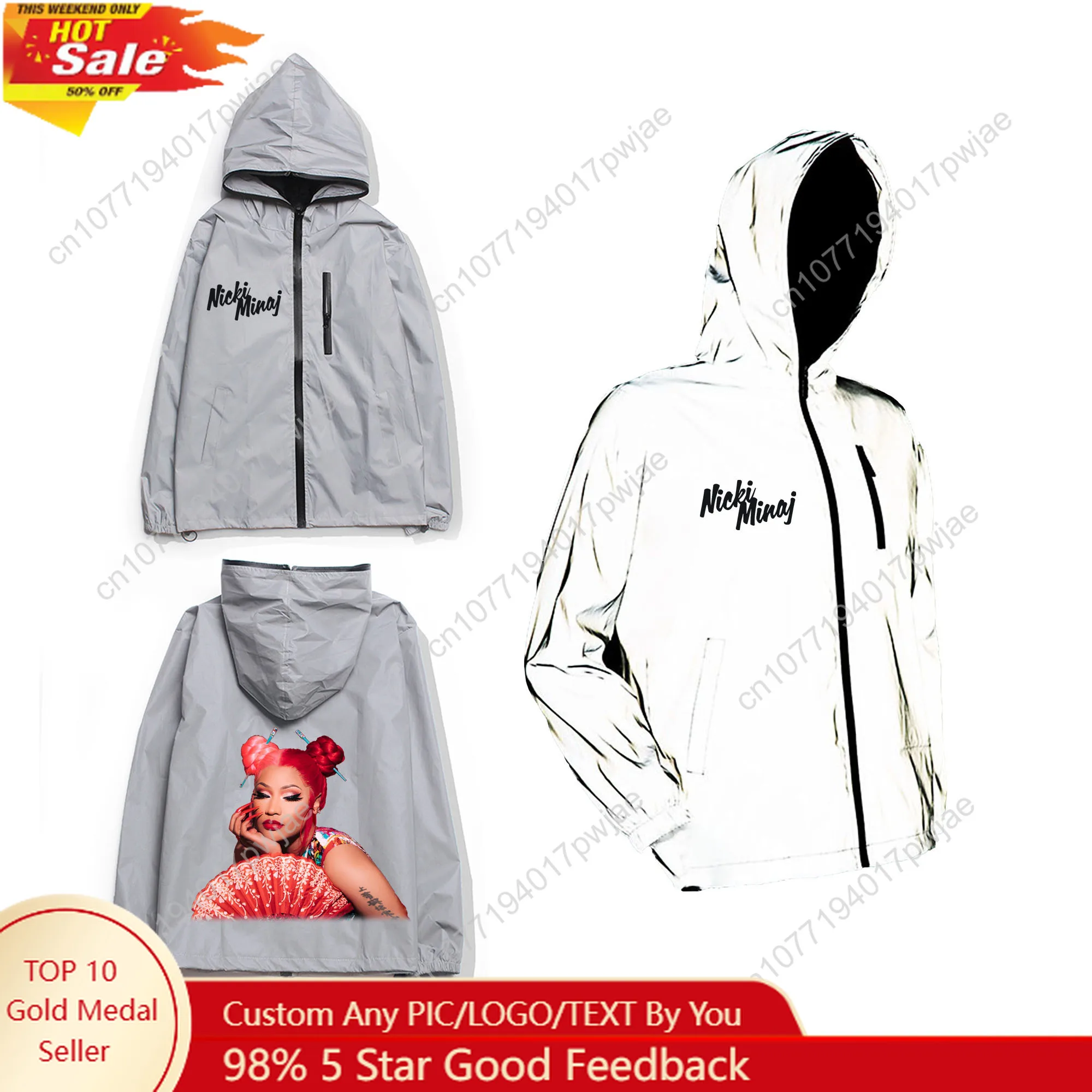 

Hot Rapper N-Nicki Minaj Reflective Jacket Men Women Coat Hooded Windbreaker Run Pocket Jackets Hiking Zipper Customized Hoodie