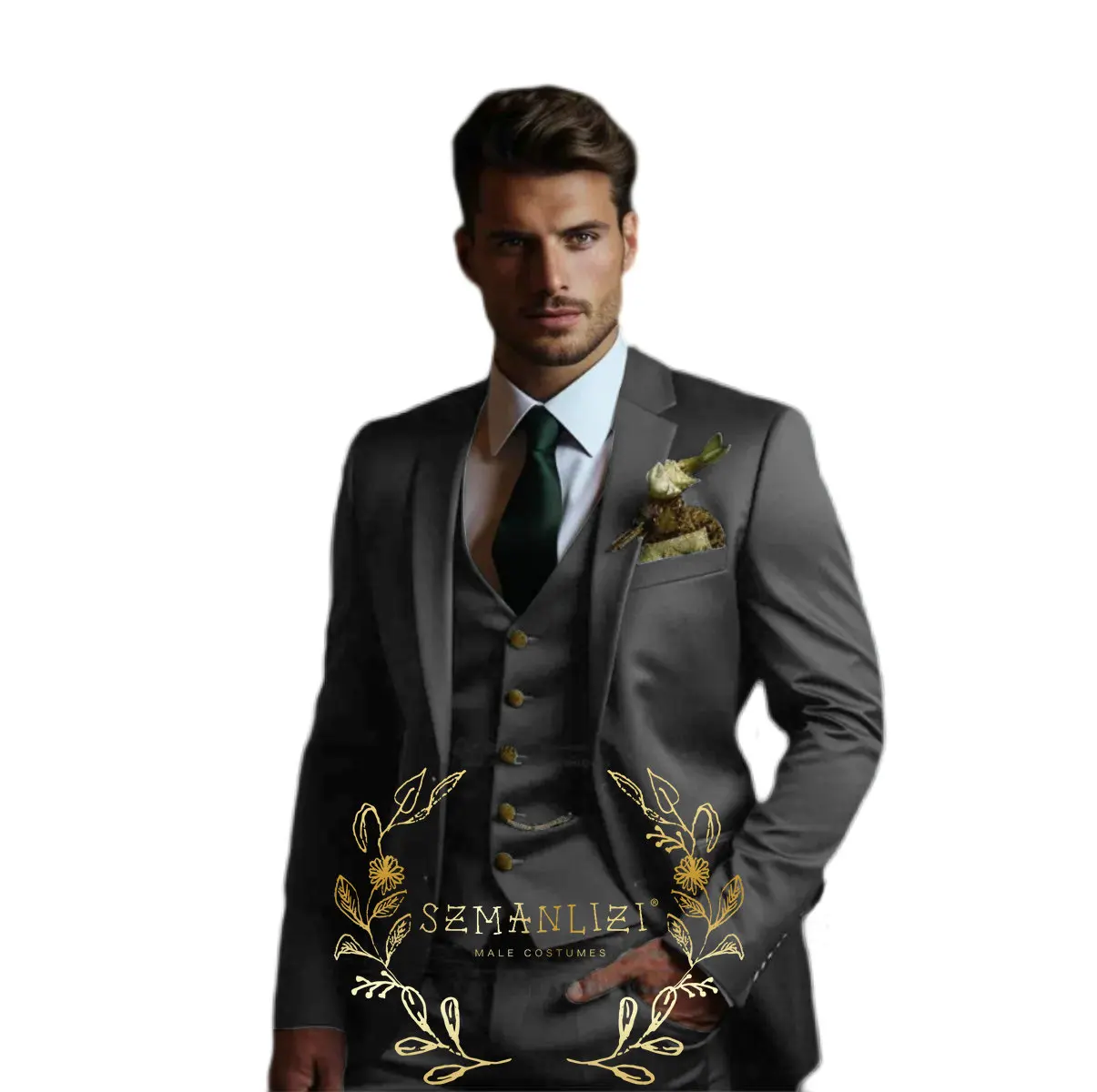 Elegant Dark Green Men\'s Suit Jacket Pants Vest Three Piece Wedding Tuxedo Groom Party Dress Slim Fit Design Men\'s Blazer