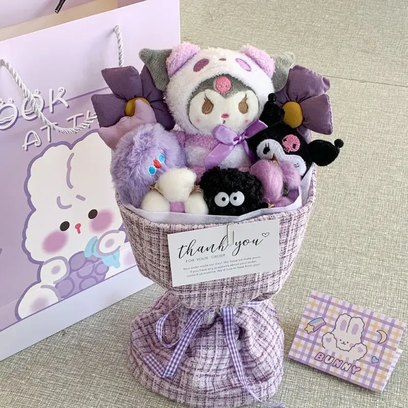 Kawaii Sanrio Plush Bouquet Pochacco Hello Kitty Kuromi Cinnamoroll Stuffed Doll Flower Cartoon Gift for Birthday Day Graduation