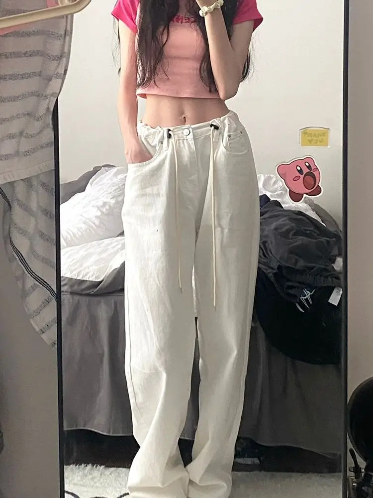 Y2k Pants Streetwear White High-waisted Drawstring Wide-leg Jeans Female Summer New Loose Thin Drape Drag Pants Spring Summer