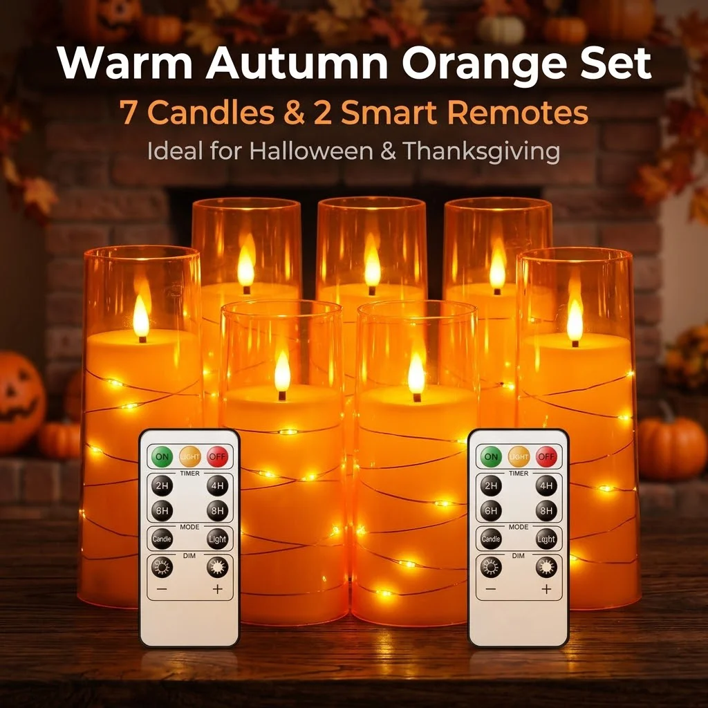 7Pcs Orange Flameless Candles Embedded Star String Candle With Halloween Harvest Mantel Dinner Table Centerpiece Ambiance Decor