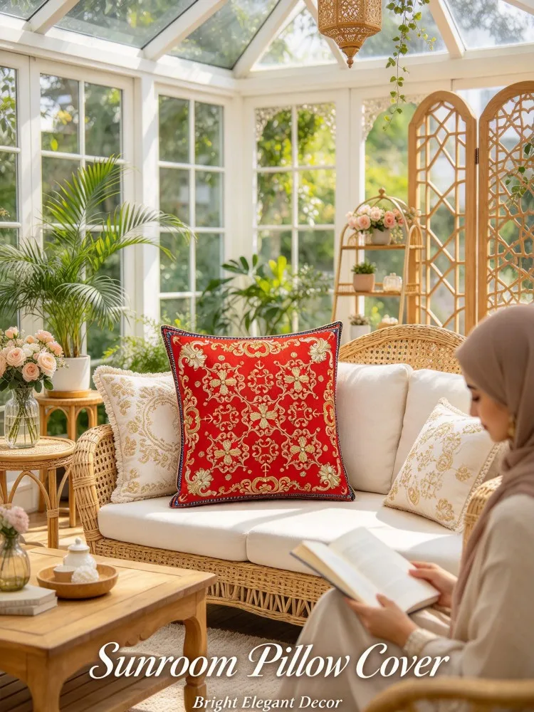 VIKAMA New Red Gold Baroque Pillow Cover Luxury Floral Pattern Soft Cushion Case for Muslim Style Sofa Balcony Sunroom Bedroom L