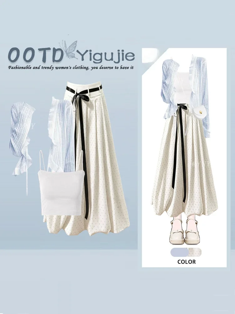 Blue Knitted Open Cardigan Vest Inner Polka Dot Skirt Three Piece Set Women's Gentle Wind Wooden Ear Autumn Fashion Ensemble