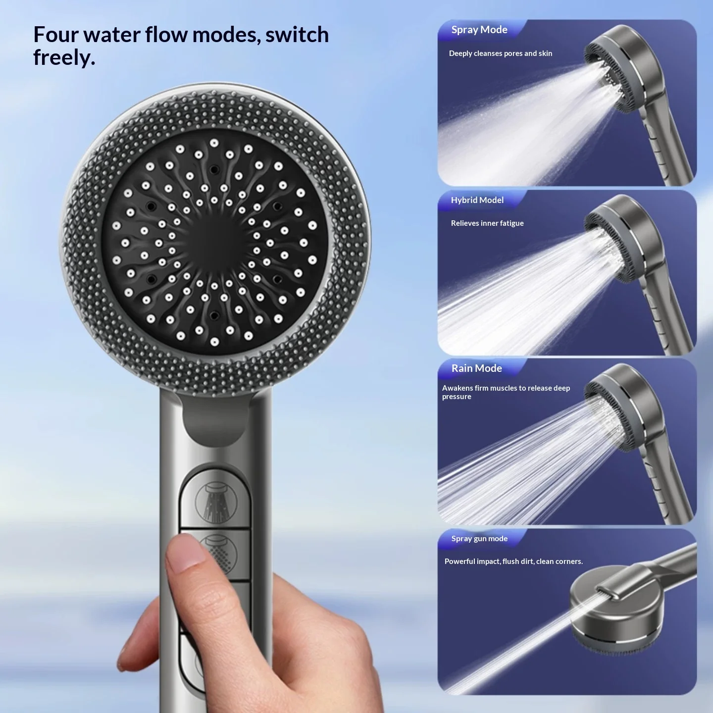 Black High Pressure 4Modes Adjustable Shower Head With On/Off Pause Button Water Saving Spray Nozzles for Bathroom Accessories