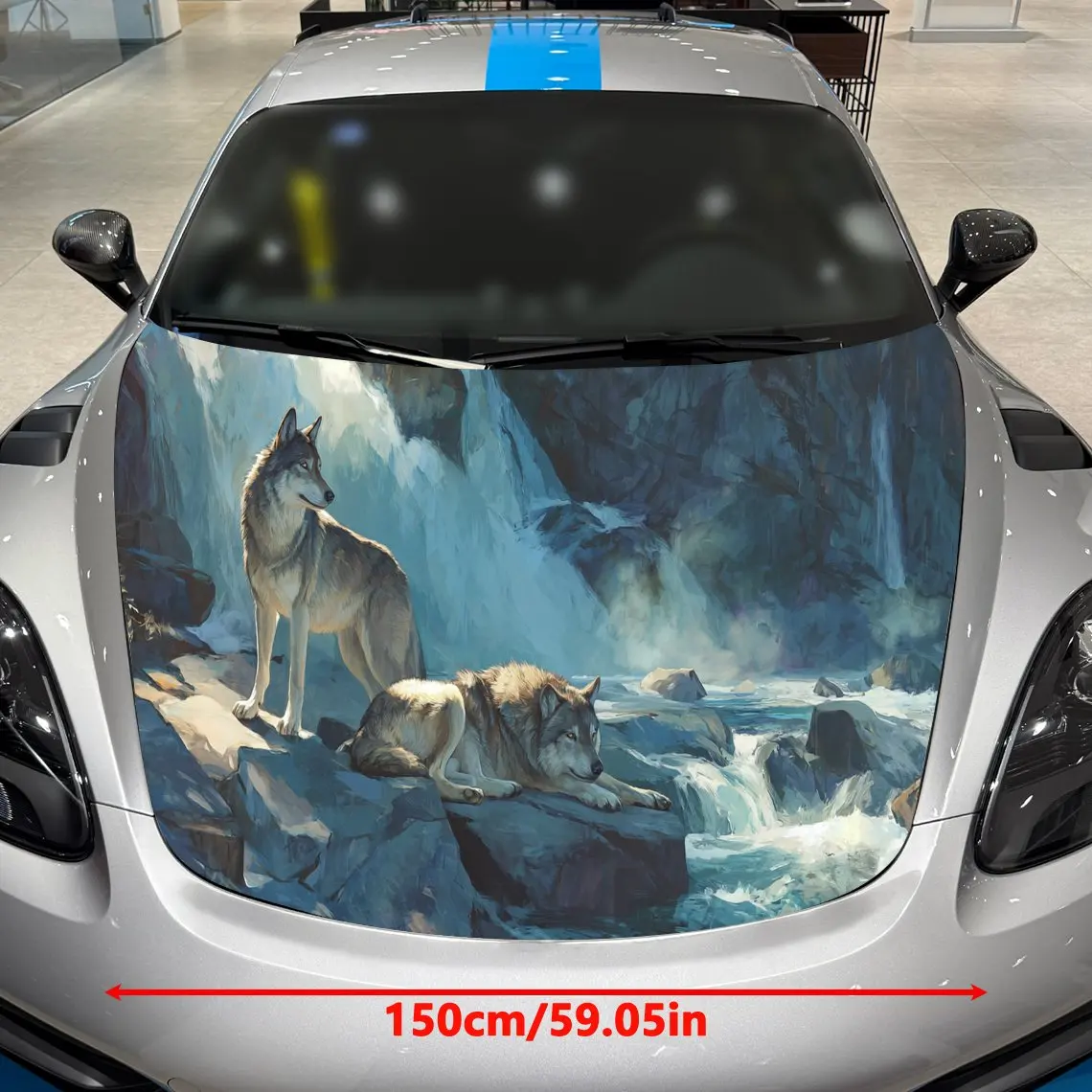 Car Decals A Wolf Pair By Dynamic Waterfall In Stunning Natural Landscape With Lush Greenery Car Hood Sticker, Waterproof Self -