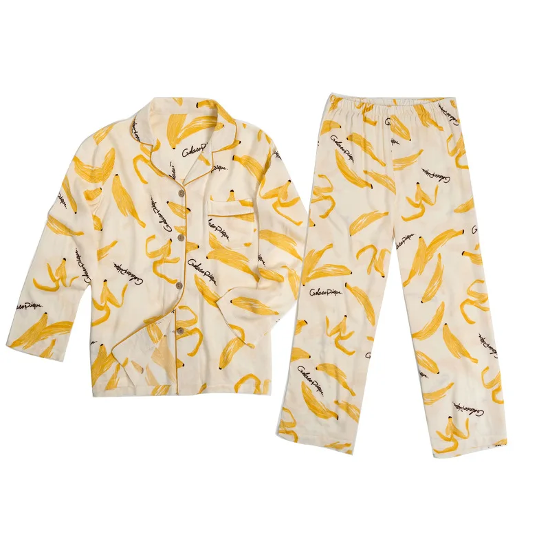 

Spring 2023 Cotton Women's Pajama Set Bananas Print Two Piece Long Sleeve Tops Elastic Waist Pants Japanese Loose Lounge 1904