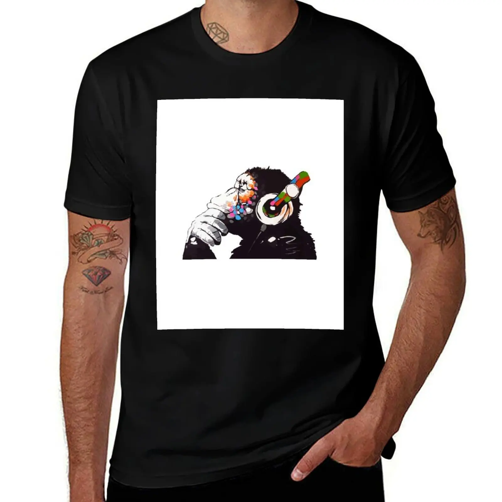 BANKSY DJ Monkey Thinker T-Shirt Louboutins funny costumes customizeds Short sleeve tee men