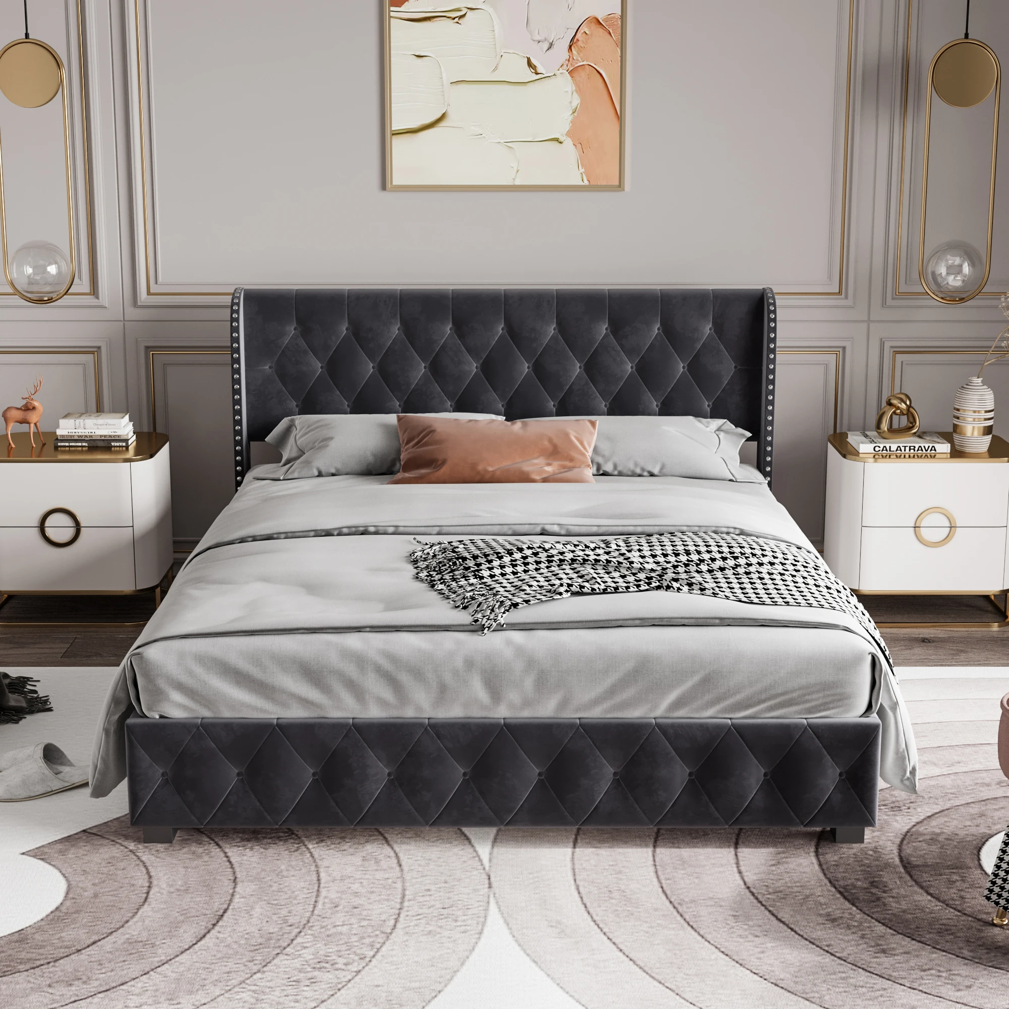 Cama tapizada Fangange con base de listones y cabecero, 140/160 x 200 cm, cama con cajones y amplio espacio de almacenamiento, sin colchón