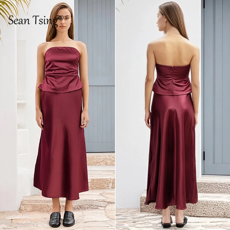 

Vintage chic solid color 2-piece women's strapless suspender set sleeveless top A-line long skirt new 2025 summer set