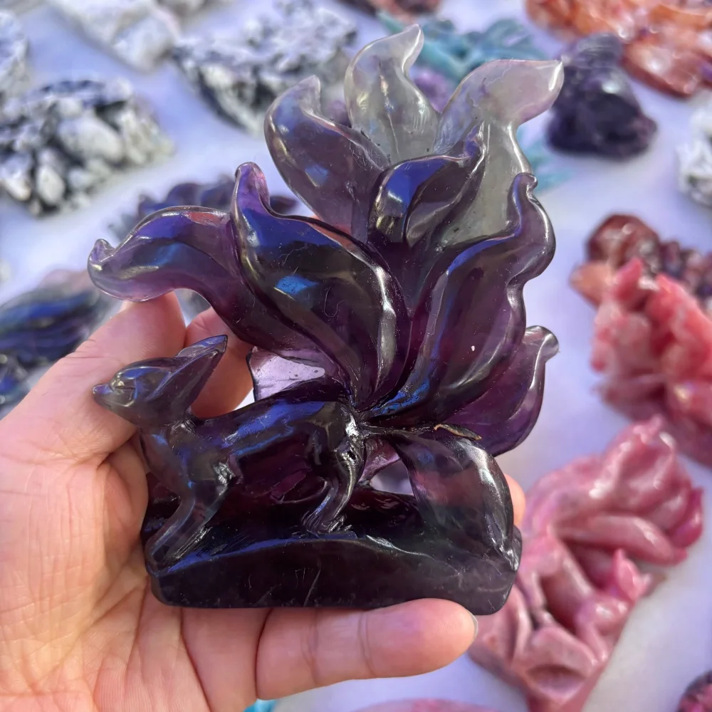 Natural Quartz colored fluorite Nine-Tailed Fox Carving Polished Reiki Healing Energy Stone for Feng Shui Room Decor & Gift