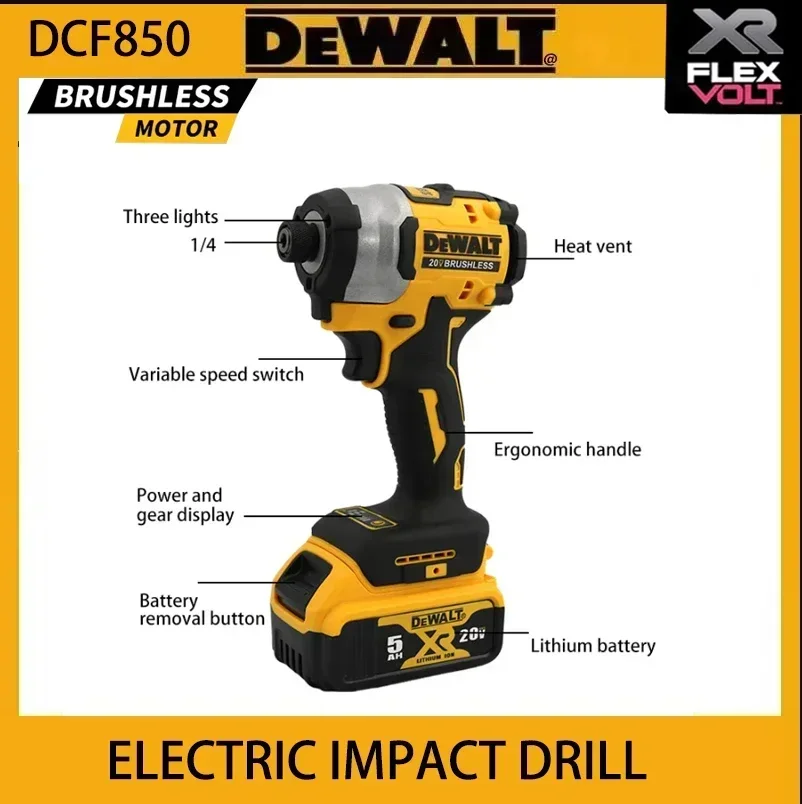 

DEWALT DCF850 205N. M electric screwdriver,brushless cordless,powerful torque,No-load speed:0-3250rpm，Impact frequency:0-3800lpm