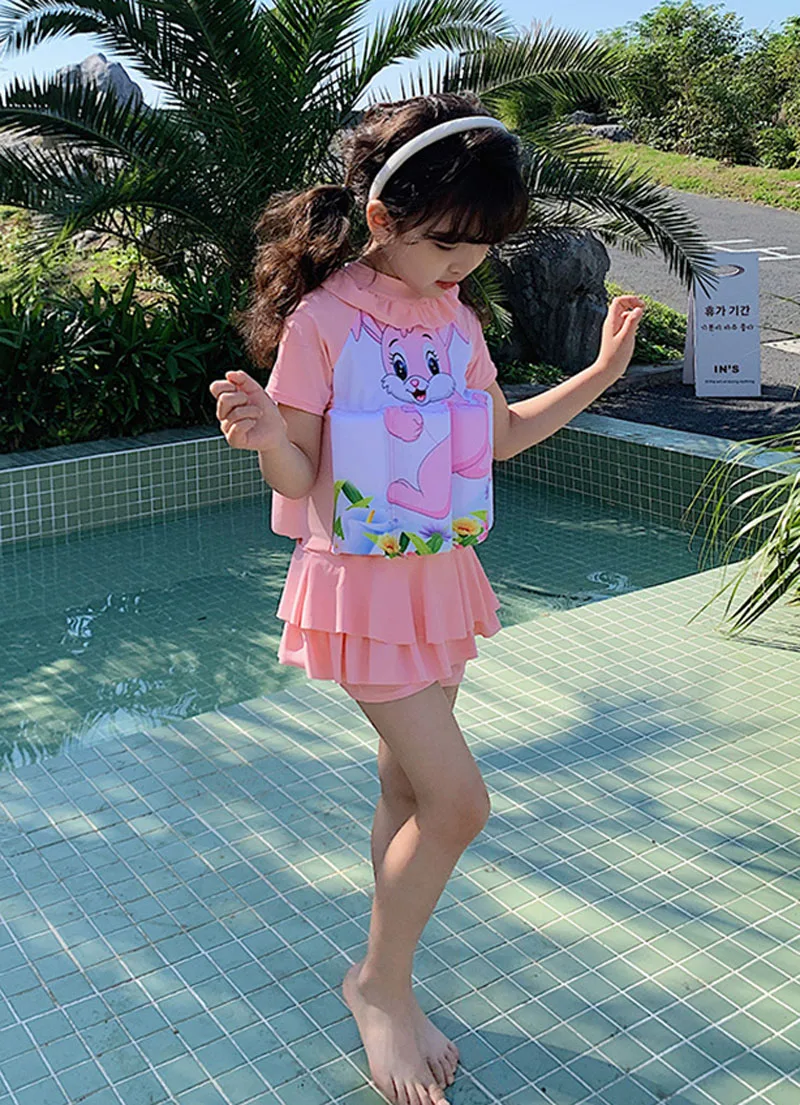 Buoyancy Swimsuit Girl One Piece Suit 2-7 Year Children Short Sleeve Floating Swimwear Kid Cartoon Swimming Suit Bathing Suit