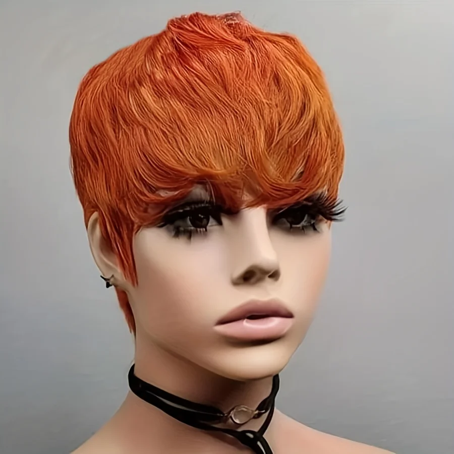 Ginger Color Short Peruvian Hair Wig with Bangs Orange Color full machine made Wig Short Human Hair  Wigs