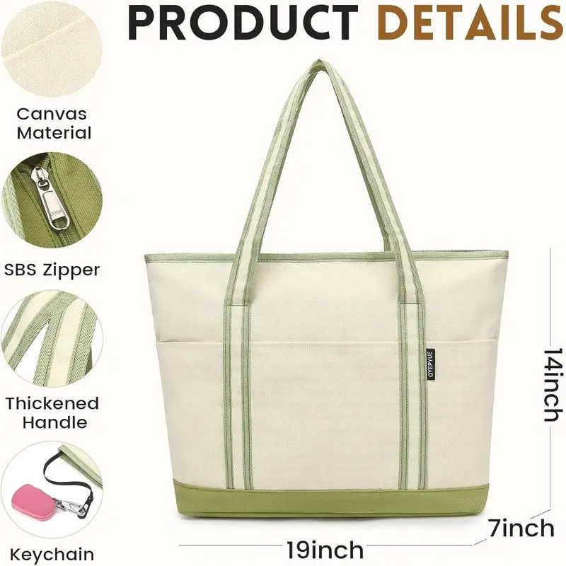 حقيبة كبيرة من القماش للنساء، حقيبة شاطئ بسحاب، حقيبة حمل متعددة الاستخدامات مع 3 جيوب أمامية، حقيبة لحمام السباحة في عطلة نهاية الأسبوع