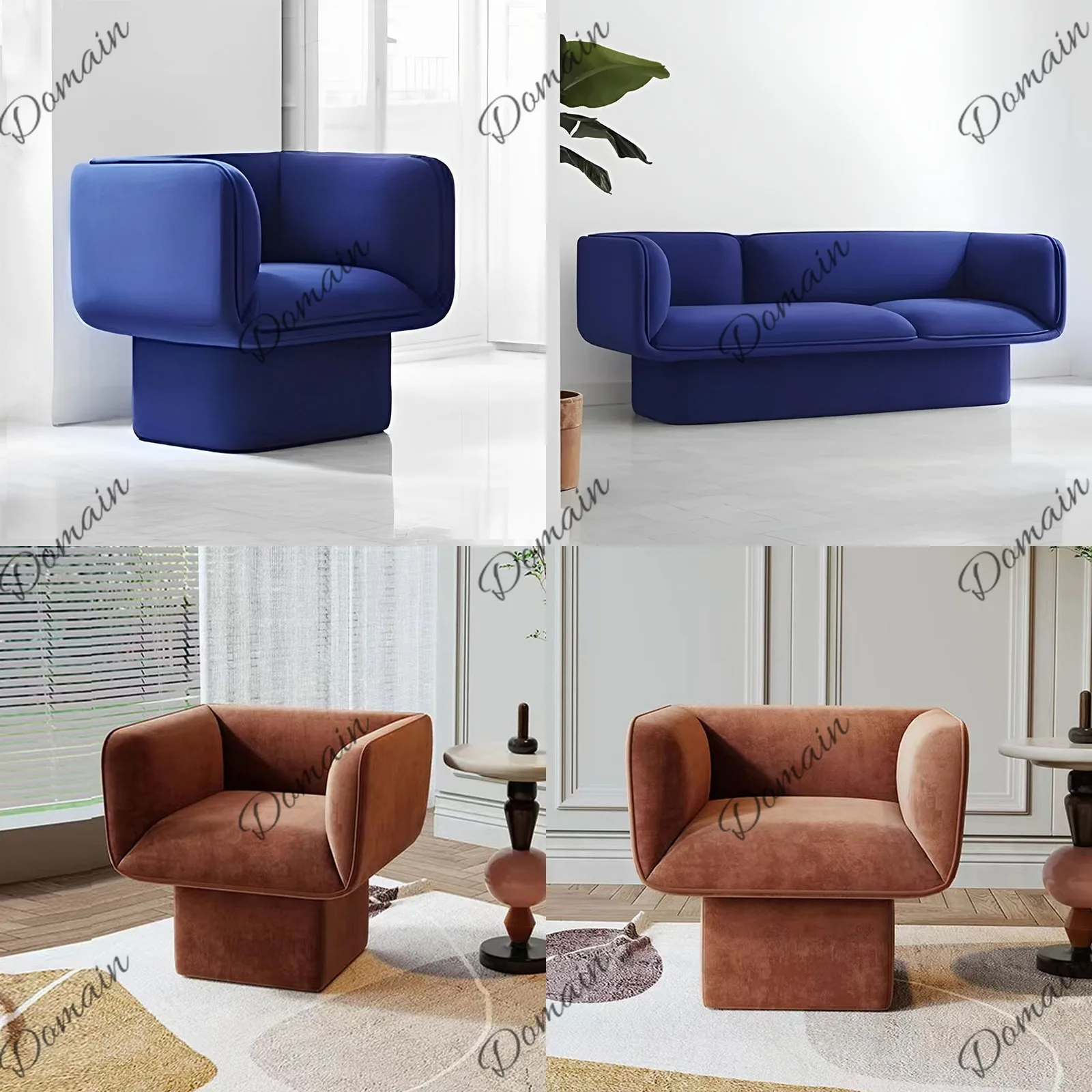 Modern Light Luxury Designer Klein Blue Velvet 3-Seater Sofa Single Chair for Small Apartment Living Room