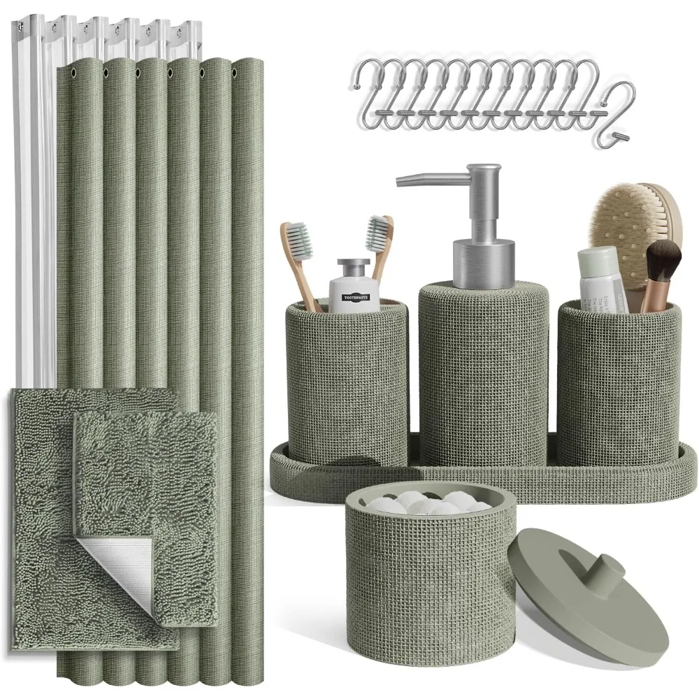 

Набор для ванной комнаты цвета шалфейной зелени, 21 предмет: шторка для душа, коврики, крышка для унитаза, аксессуары
