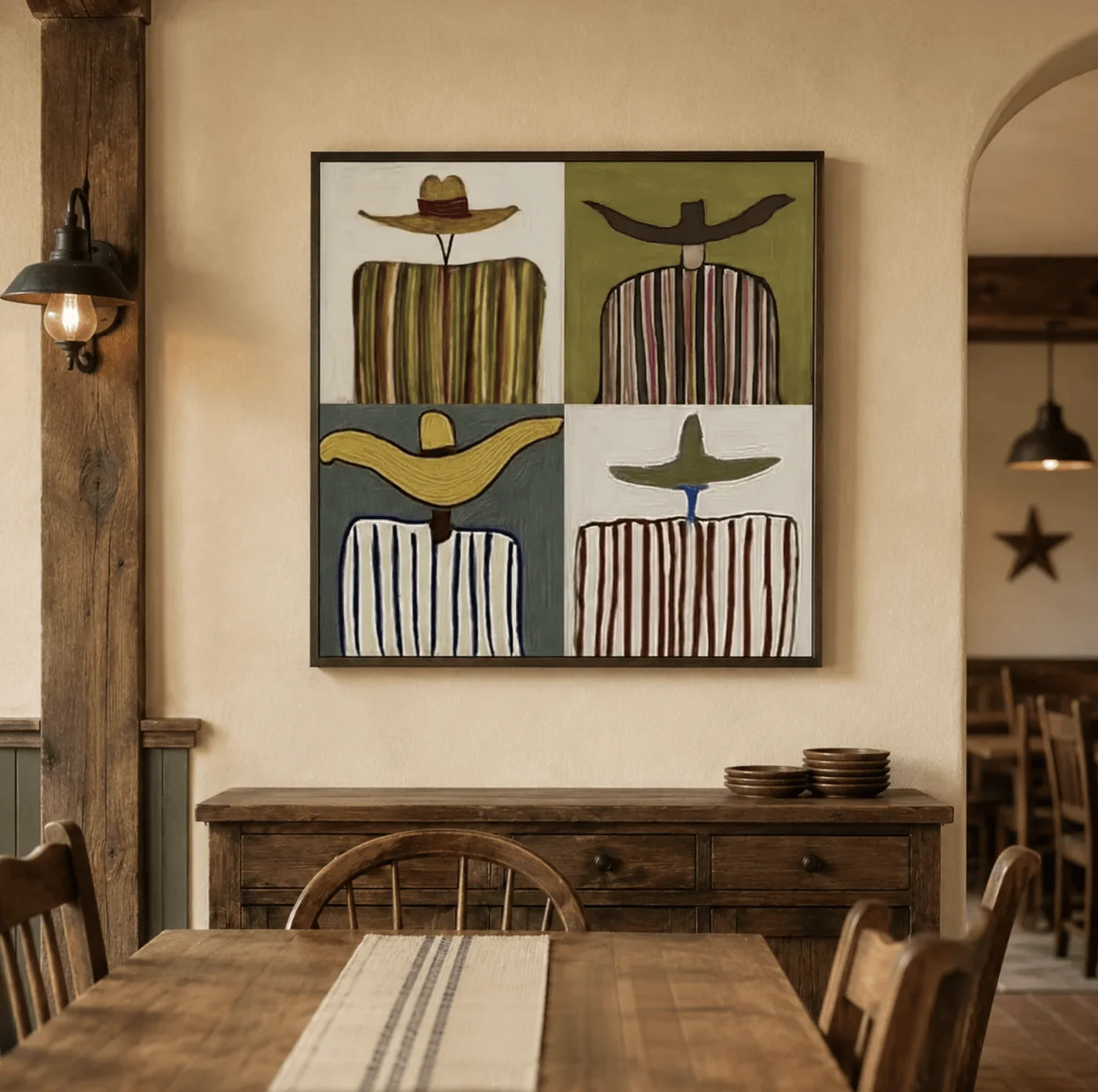 Abstract Four Cowboy Portraits Wall Art Canvas Prints, Western Striped Posters, Earthy Decor for Dining Room Living Room Decor