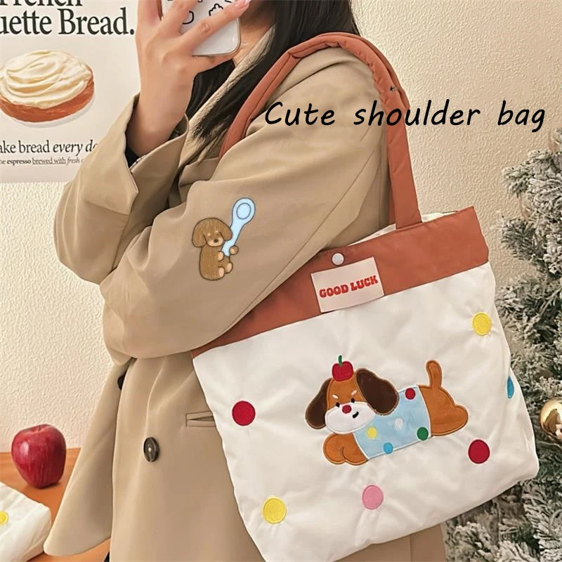 

Cute Animal Tote Shoulder Bag Large Capacity Portable Handbag Womens Fashion Commuter Travel Storage Bag Girly Heart Design Gift