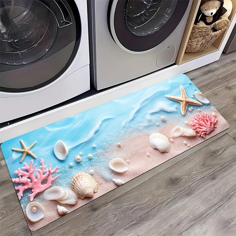 Light Blue Beach Starfish Shell Runner Mat Anti Slip Pink Coral Pearl Sand Ocean Nature Print Carpet for Kitchen Hall Bathroom