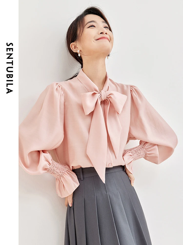 SENTUBILA Elegant Bow Neck Women Blouse Butterfly Sleeve Button Up Shirt 2024 Spring Women\'s Long Sleeves Top Clothing 141C52880