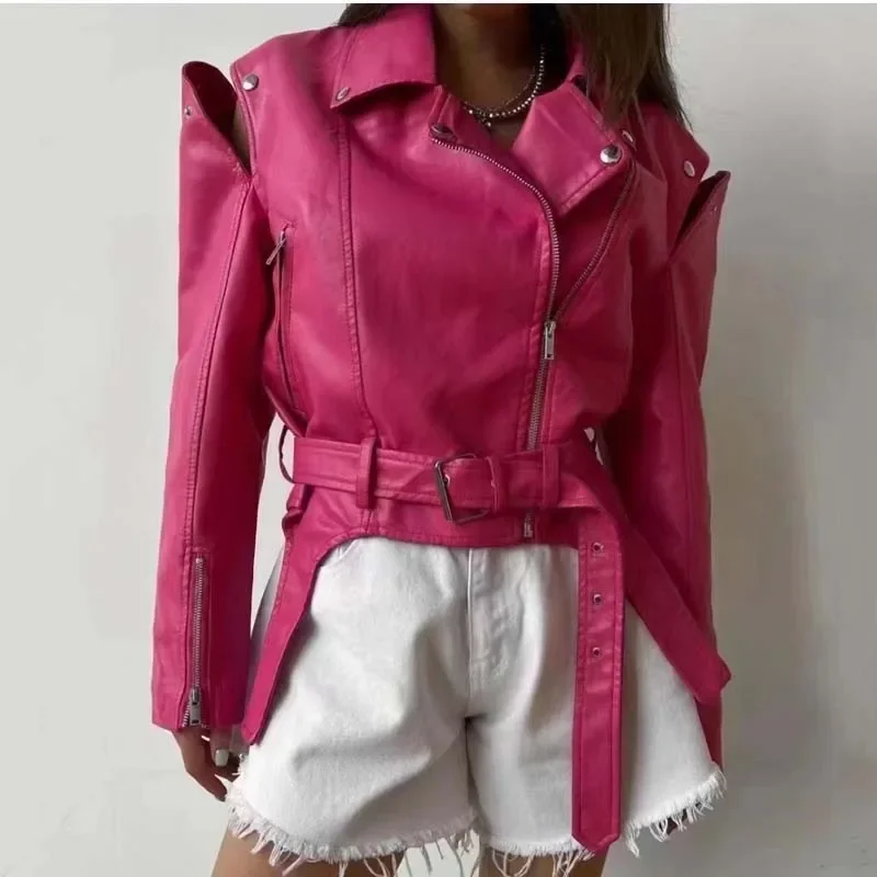 

Genuine Leather Jacket Short Length Women Coat Spring 2023 New Arrival Removable Sleeves Outerwear With Belt Real Sheepskin