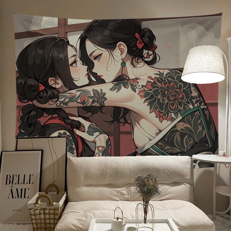 VIKAMA Japanese Geisha Tapestry Ukiyo-e Tattoo Art Wall Hanging for Bedroom Living Room Dorm Traditional Home Decor