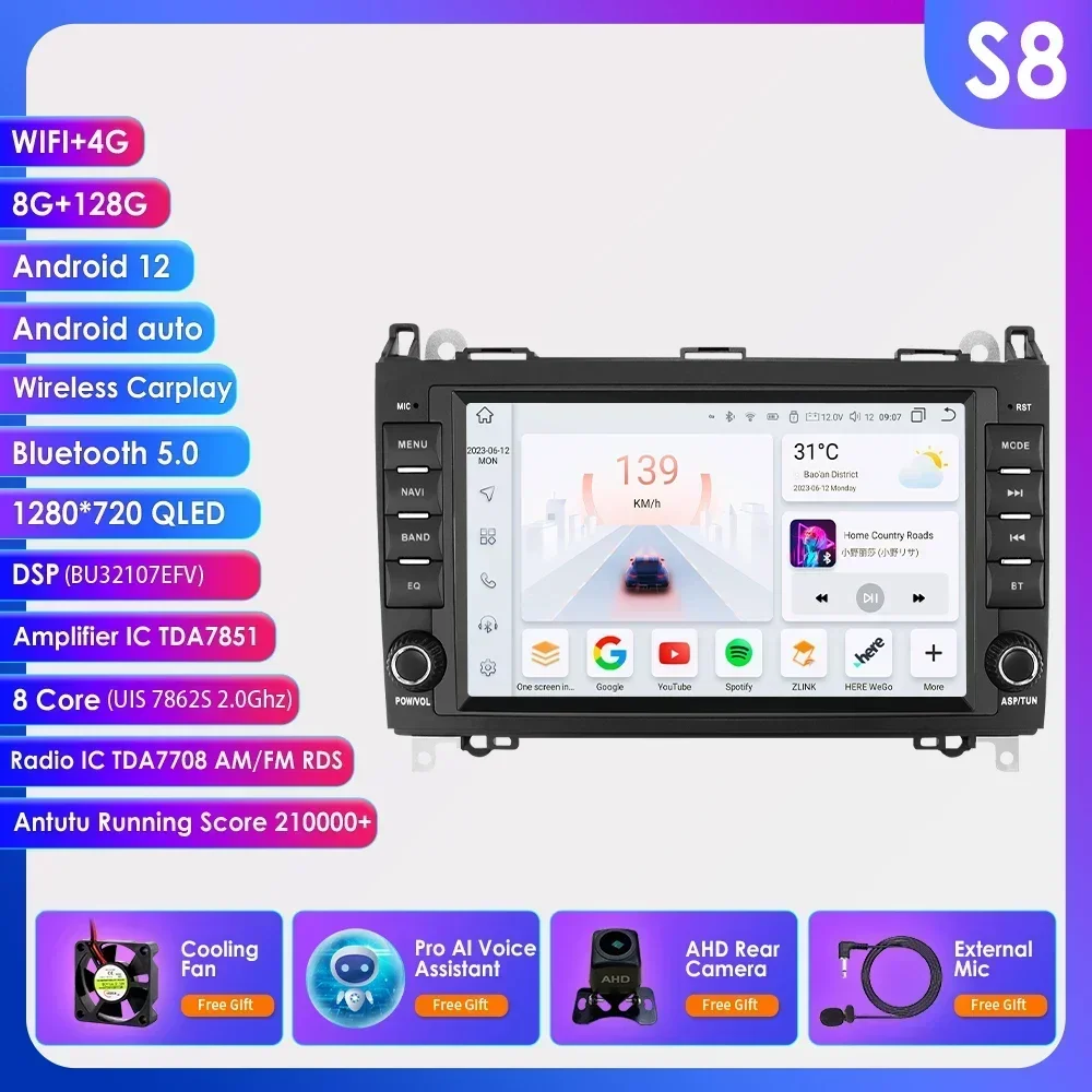 Ai Carplay Android12 Autoradio Stereo Multimedia Speler Voor Mercedes-Benz A-B-V-Klasse B200 W169 W245 W639 W906 Sprinter Gps Navi