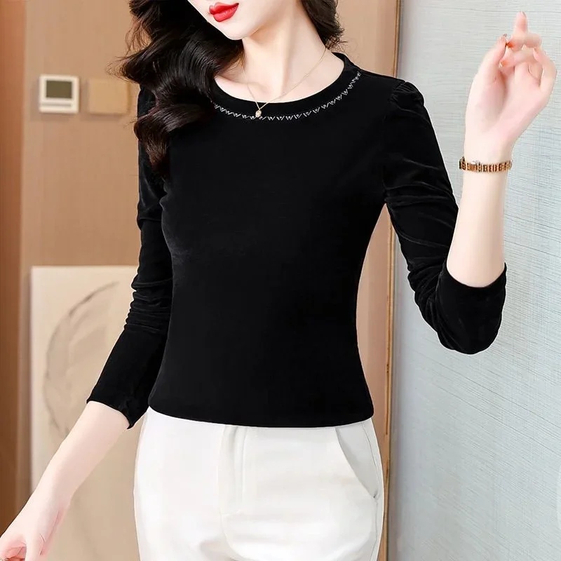 Fashionable Diamond-inlaid Gold Velvet Base Shirt for Women with Slim Fit Inside Long-sleeved T-shirt Noble and Fashionable Top