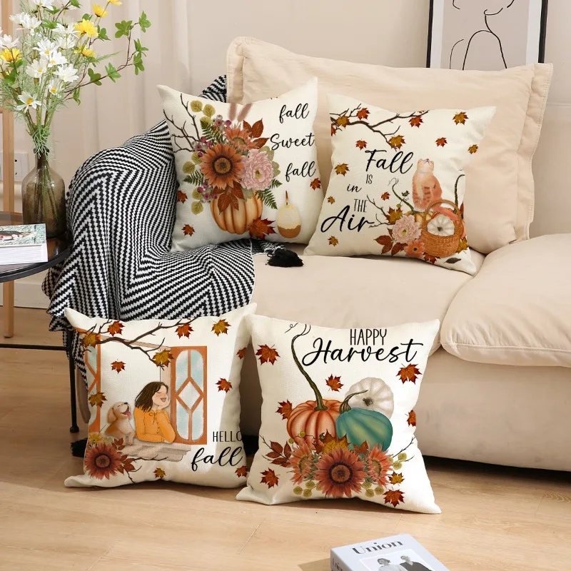 

4pcs Fall Pillow Covers 45x45cm,Pumpkin Maple Leaves Decorative Throw Pillow Covers Farmhouse Autumn Thanksgiving Cushion Cases