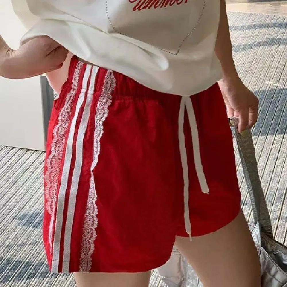 Y2K Coquette Sporty Red Shorts Side White 3 Stripes Lace Fringe Trim Drawstring High Waist Loose Women Summer Casual Hot Pants
