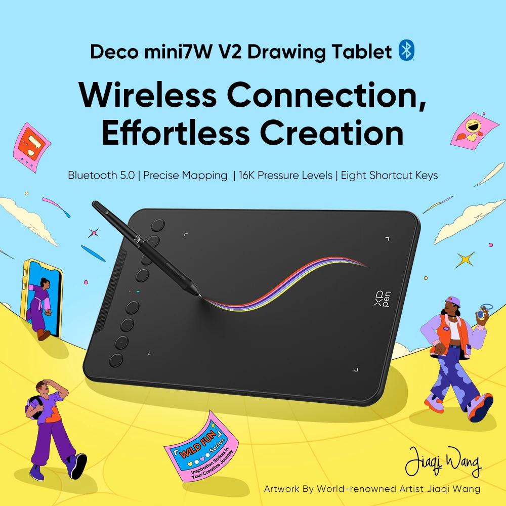 XPPen Deco Mini 7W V2 Bezprzewodowy Tablet Graficzny Bluetooth 5.0 z Funkcją Pochylenia, 16384 Poziomy Nacisku, Obsługa Windows, Mac, Android, do Rysowania i Twórczości Artystycznej
