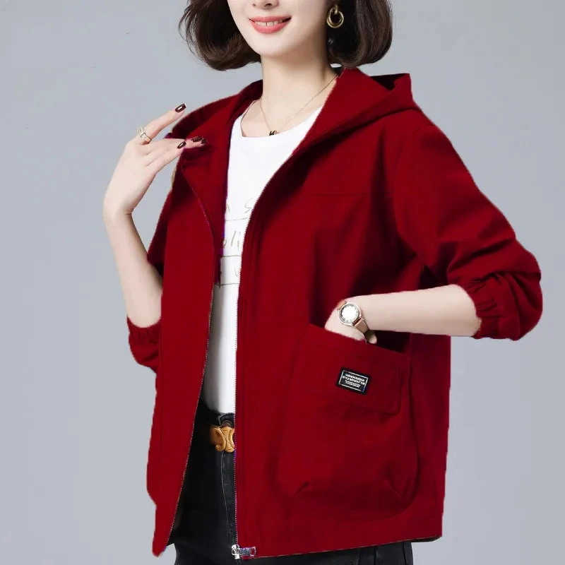 Middle-Aged Mother\'s Hooded Short Jacket Women\'s 2023 Spring Autumn New Loose Outwear S-5XL Women With Big pockets Windbreaker