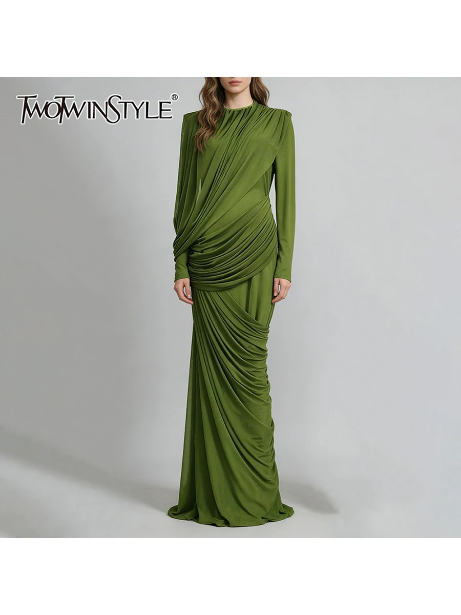 TWOTWINSTYLE Fashion Slimming Spliced Shirring Design Sense Dresses for Women Stand Neck Long Sleeves Irregular Dress Female New