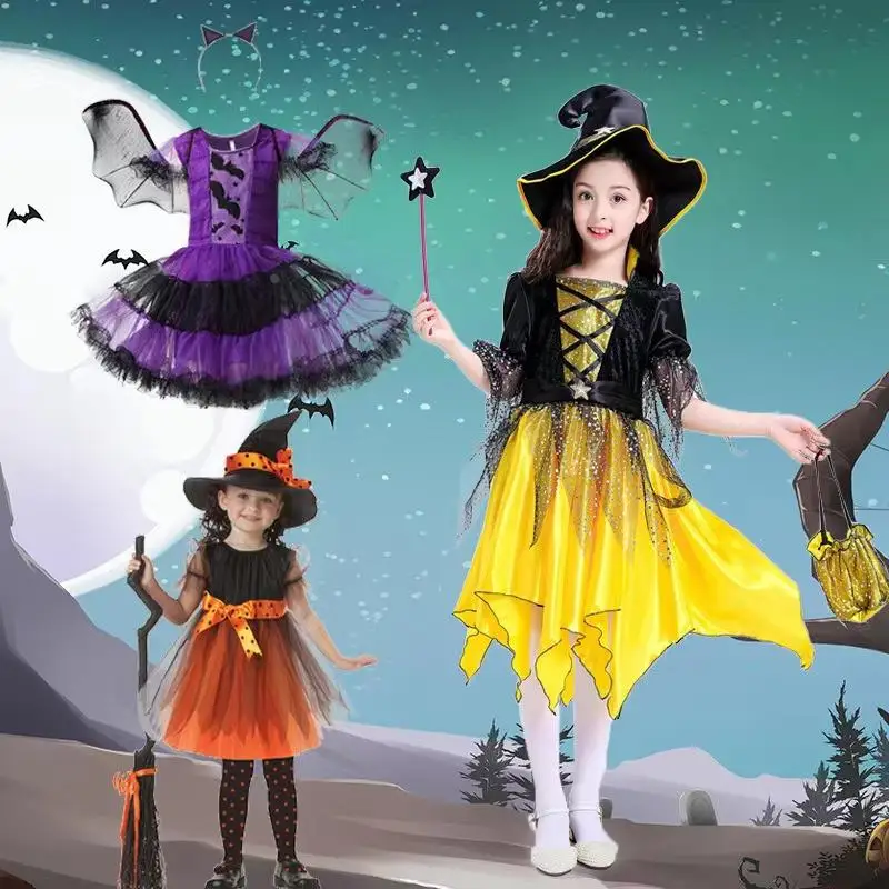 

Halloween Children's Performance Costume Witch Robe Elf Magic Skirt Girls' Outfit Stage Performance Dress up Clothes Gift