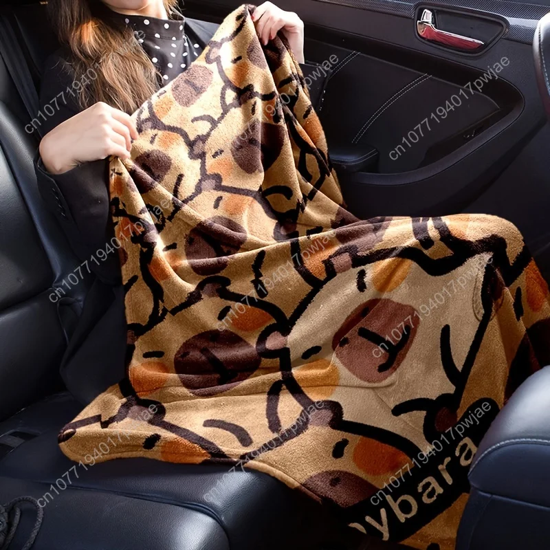 1pc Capybara Cartoon 3D Print Flannel Blanket - Soft, Lightweight Warm | Champagne with Brown & Black Accents | Tear-Resistant
