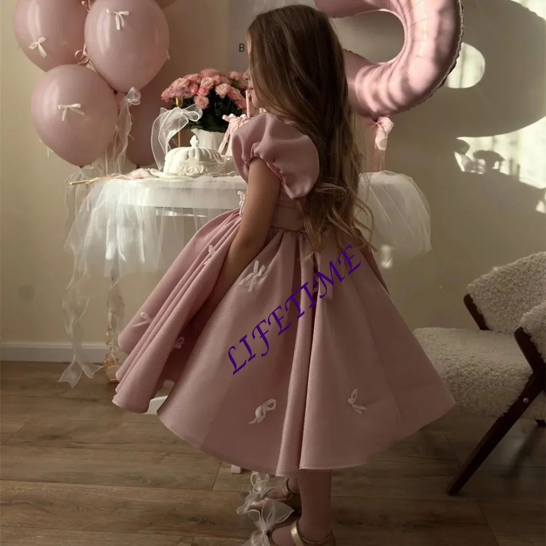 Bow Flower Girl Dresses Satin Girls Wedding Party Dresses Princess Pink Simple Gowns Bow Customized