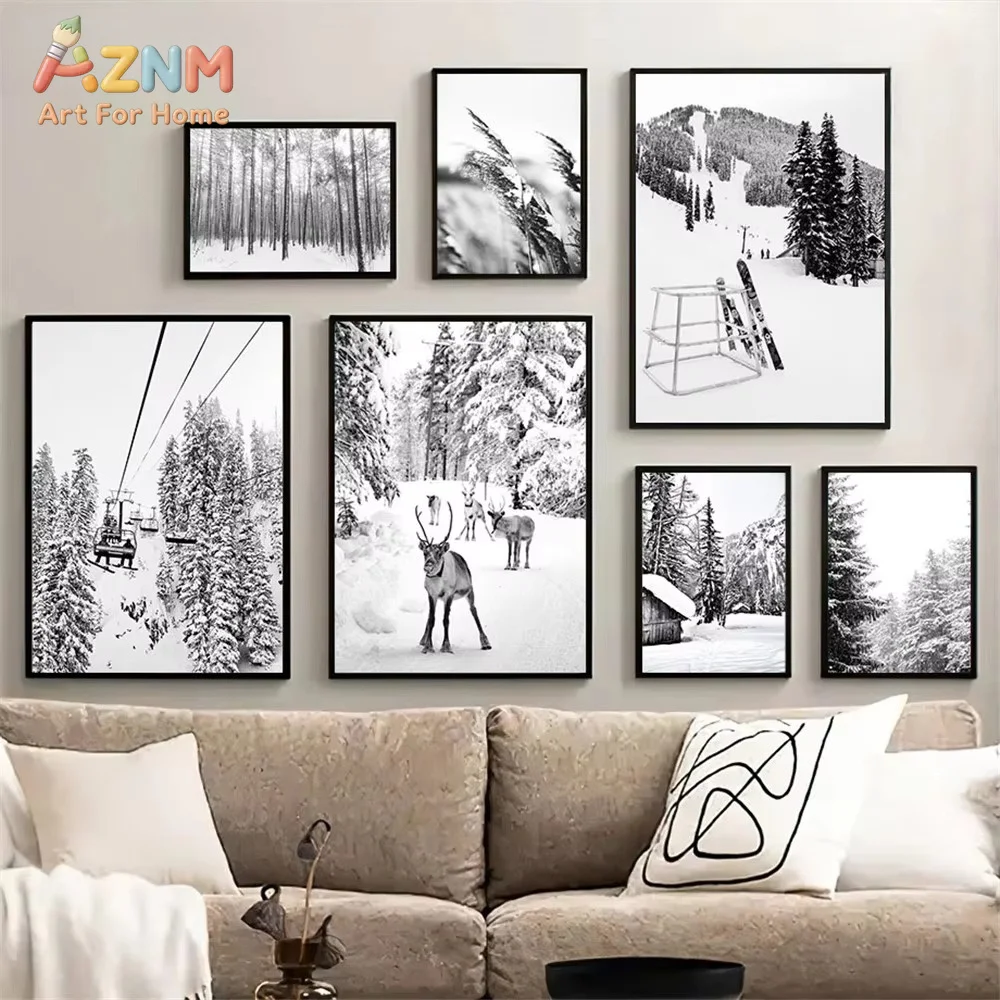 1PC Winter Ski Facility Poster Black And White Dog Deer Art Painting Snow Forest Reed Canvas Print Nordic Wall Home Decor