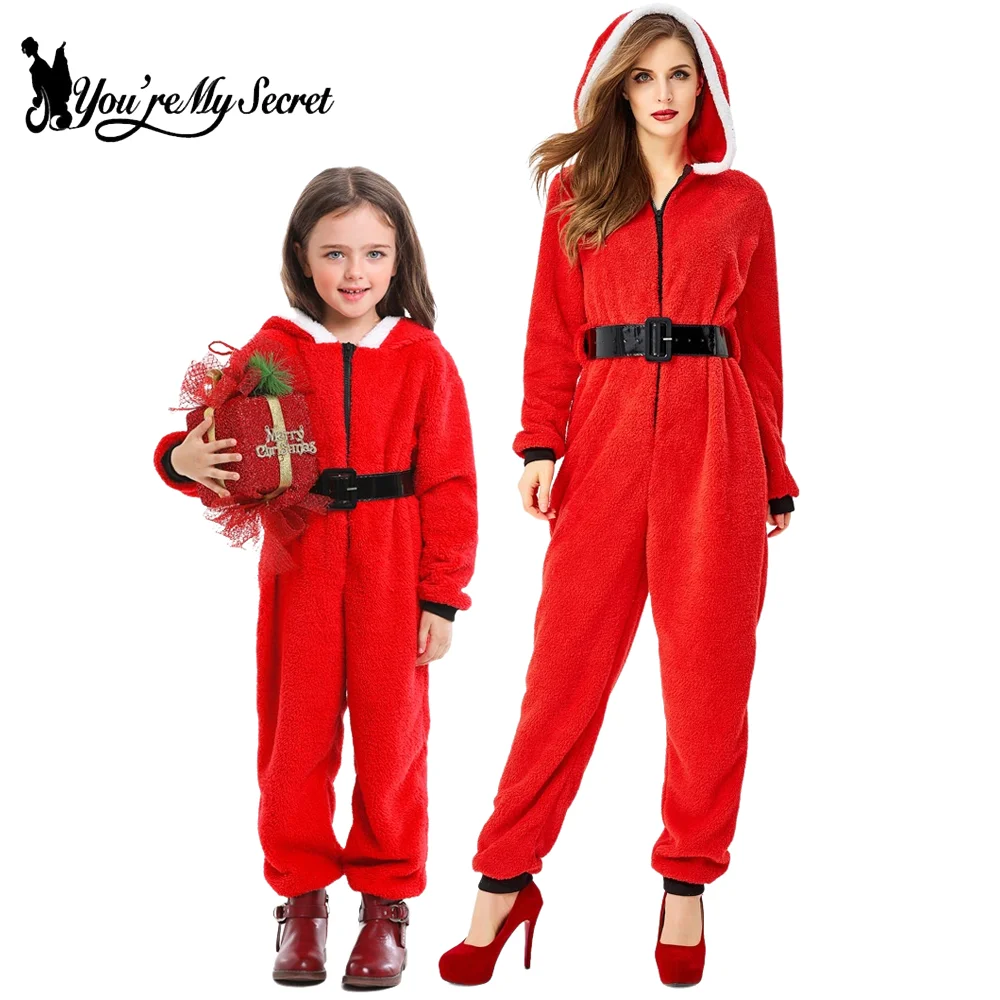 

[You're My Secret] Women Girls Red Christmas Fleece Cute Long Sleeve Hooded Jumpsuit Santa Claus Cosplay Party Outfits Costumes