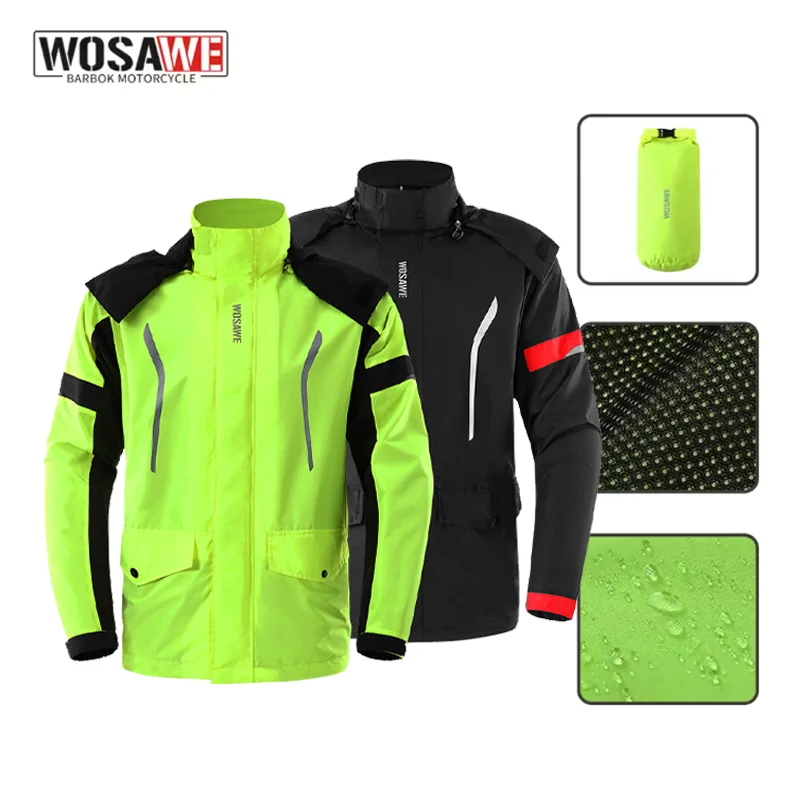 WOSAWE Motorcycle Raincoat Jacket Waterproof Hooded Reflective Moto Rain Coat Packable Outdoor Rider Gear for Commuting