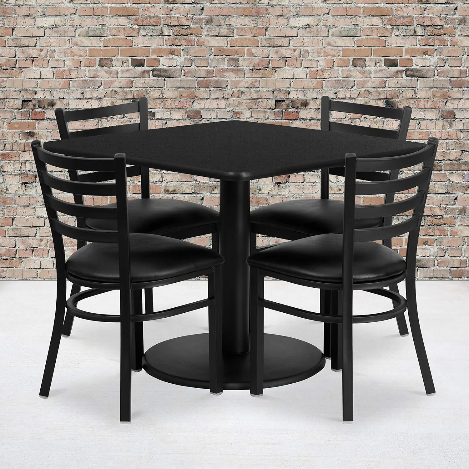 Square Black Laminate Table Set with Round Base and 4 Ladder Back Metal Chairs - Black Vinyl Seat